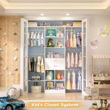 60 Inch White Expandable Closet Organizer System, 1.58-6.8FT Walk-In Closet With 5 Hanging Rods & Reversible Hanging Shelving, Wooden Drawers Included - White - View 8