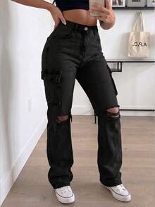 Women's High Waist Cargo Jeans With Ripped Detail, Retro Street Style, Versatile Denim Pants - màu đen - Xem 1