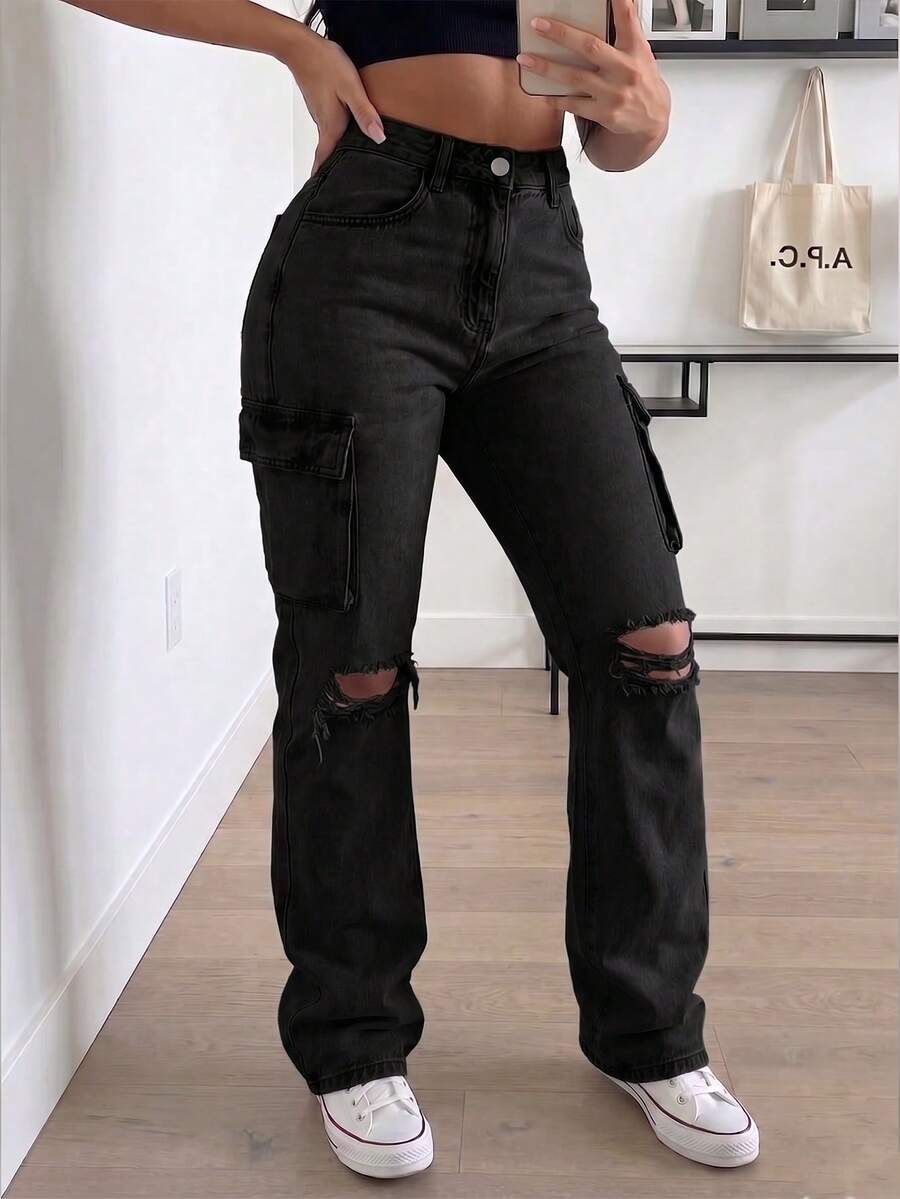 Women's High Waist Cargo Jeans With Ripped Detail, Retro Street Style, Versatile Denim Pants - màu đen - Xem 1