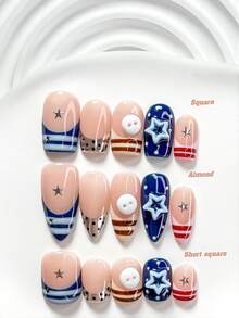 10Pcs Playful And Cute Style Handmade Nail Art Set,Unghie Press On,Buttons, Stars Nail Art Accessories,Stripes, Polka Dots Nail Art Decorations,Blue, Red And Pink Nail Polish,Dreamy Girly Style,Comes With Nail Tools(1 Sheets Jelly Stickers+1PC Nail File)3 Sizes Available,Square Nails, Short Square Nails,Almond Nails,Suitable For Reunion,Daily,Party,Photograph,Play,Spring Summer,Commute Supplies Nails - 彩色 - 查看 1