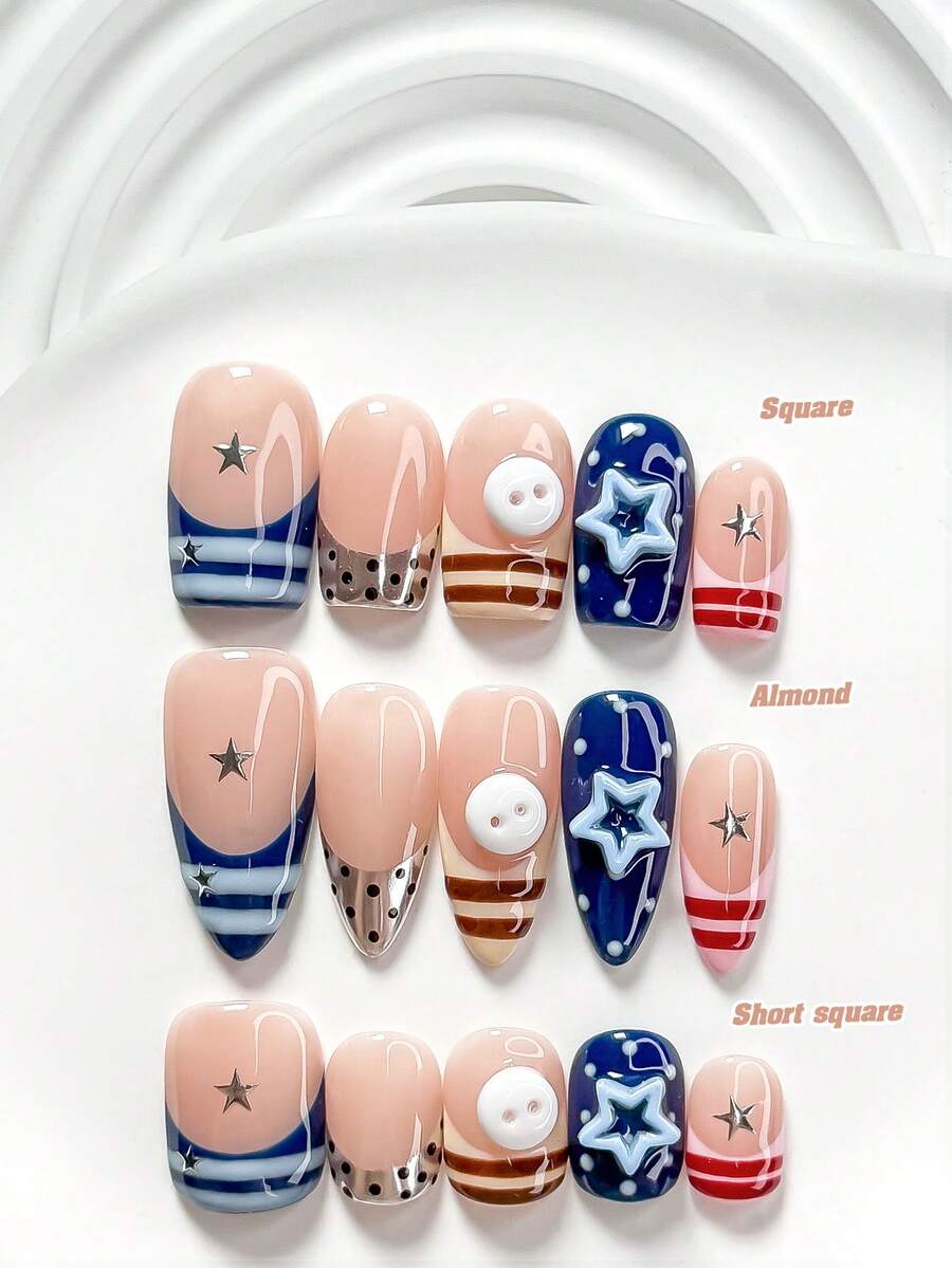 10Pcs Playful And Cute Style Handmade Nail Art Set,Unghie Press On,Buttons, Stars Nail Art Accessories,Stripes, Polka Dots Nail Art Decorations,Blue, Red And Pink Nail Polish,Dreamy Girly Style,Comes With Nail Tools(1 Sheets Jelly Stickers+1PC Nail File)3 Sizes Available,Square Nails, Short Square Nails,Almond Nails,Suitable For Reunion,Daily,Party,Photograph,Play,Spring Summer,Commute Supplies Nails - 彩色 - 查看 1