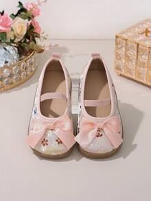 1 par de zapatos estilo chino Mary Jane nuevos, zapatos de cuero con punta redonda y slip-on, bordados florales retro, tacón plano, adecuados para atuendos, rosa suave con lazo, apropiados para actuaciones, niñas de las flores, festivales - Rosa Pálido - Ver 7