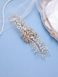 1 pieza Peineta accesorio de novia elegante con flor blanca, cristal y perla en forma de hoja - Dorado - Ver 4