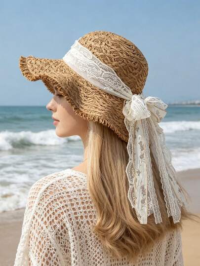 OBOVAY 1pc Women's Large Wave Beach Sun Hat, Lace Tie Bow Straw Hat, Floral Decor Sun Hat, Suitable For Daily, Vacation, Bohemian Beach