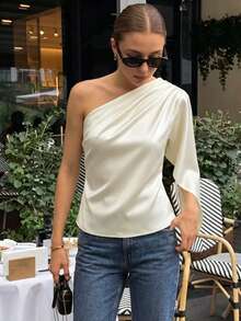 Áo kiểu nữ lệch vai, thiết kế ôm eo gợi cảm, áo satin lệch vai, thích hợp cho mùa xuân/hè. - Màu vàng - Xem 3