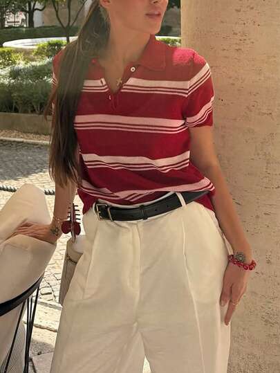 女士红色夏季针织Polo衫 - 短袖条纹开衫，休闲优雅轻盈毛衣，适合工作、日常穿着、聚会和校园风格