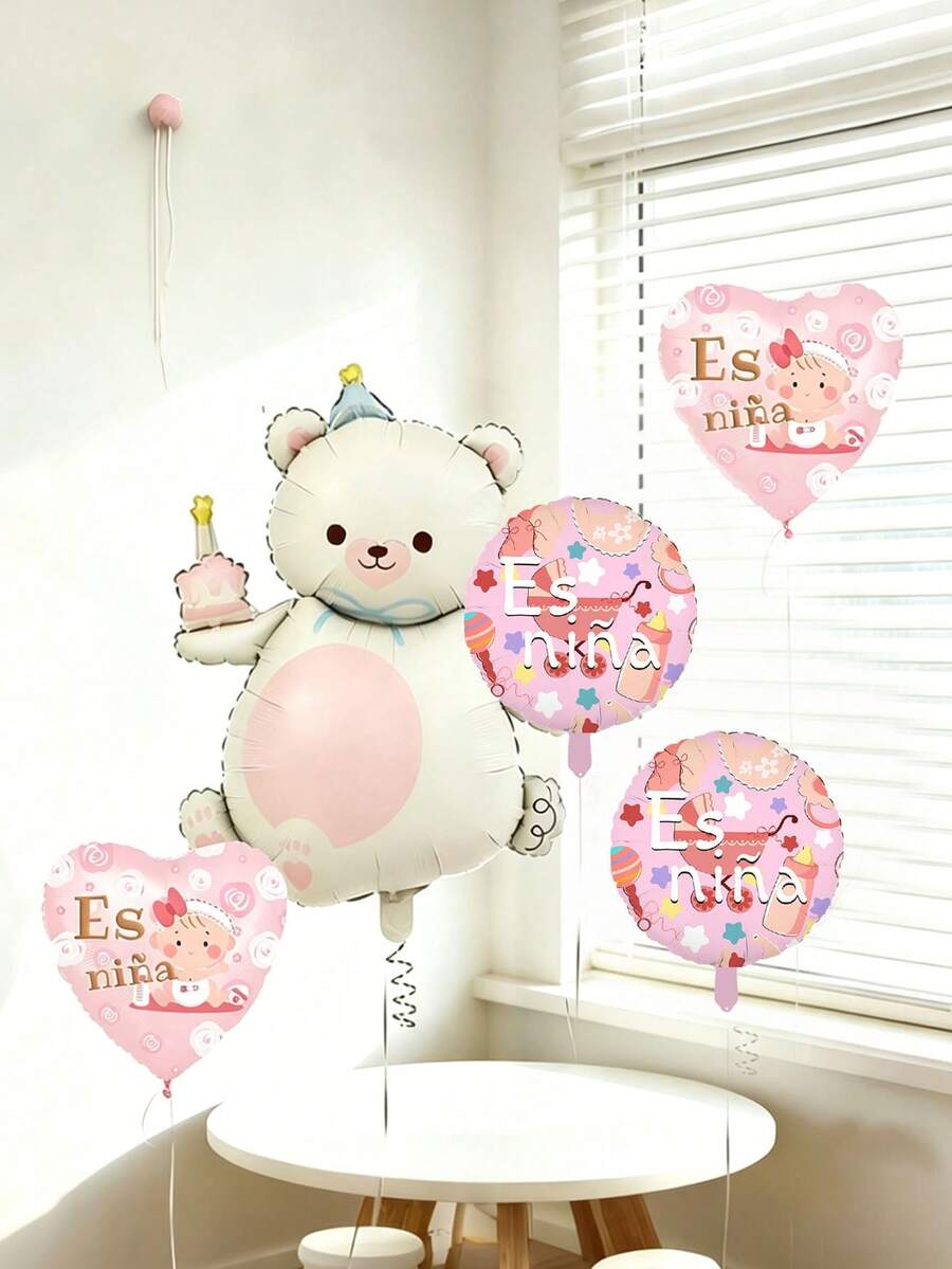 5pcs Baby Theme Balloon Set, Large Magic Cake Bear Shaped Balloon 18 Inch, Baby Theme Pentagram & Heart Balloons, Suitable For Birthday Party, Baby Shower Decoration - Multicolor - View 1
