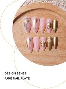 24pcs 3D Stereo Nail Patches, Medium Almond Shape, Gold Line Art Decorative Flower Pattern, Reusable, Full Cover False Nails, Luxury Style, Matte Surface, Suitable For Women And Girls Daily Wear - Gold - View 3