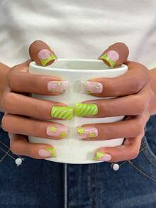 10pcs Y2K Nails Chic Duckbill Press On Nails Set - Handcrafted, Pink Nails, Green Nails, Green French Tip Nails, Handmade 3D Green Star And Gold Pattern, Hand Drawn 3D Water Droplet Pattern And Green French Tip Style Design, Sparkling Green Rhinestone Decoration, Delicate Graceful Nails - Multicolor - View 2