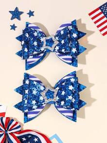 2pcs 4th Of July Blue Glitter Hair Bows For Girls Star Printed Bow Alligator Clips White Blue Striped Bow Hair Clips Delicate Independent Day Barrettes Patriotic Apparel Hairpins America 250th Anniversary Cute Headwear Teens Hair Accessories - Multicolor - View 7
