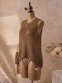 Women's Retro Knit Vest, Sleeveless Round Neck, Regular Length, Ribbed Knit Details - Coffee Brown - View 3