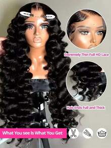 SHINEHAIR 13x6 HD Curly And Wavy Lace Front Wig, Pre-Plucked, 180% Density, Wet Look, Glueless, Human Hair - Natural Black - Xem 7