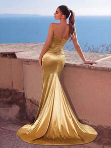 Faeriesty Đầm dạ hội đuôi cá không dây vai thanh lịch, chất liệu satin với phần thân trên xếp ly, phù hợp cho chụp ảnh, đám cưới, tiệc tùng và các dịp lễ kỷ niệm. - Rượu sâm banh - Xem 2