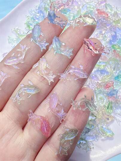 50Pcs Mixed Ice Transparent Aurora Glitter Koi Fish Nail Charms 10-15mm Ocean Cute Aurora Fish Nail Art Decoration DIY Summer Beach Manicure Supplies