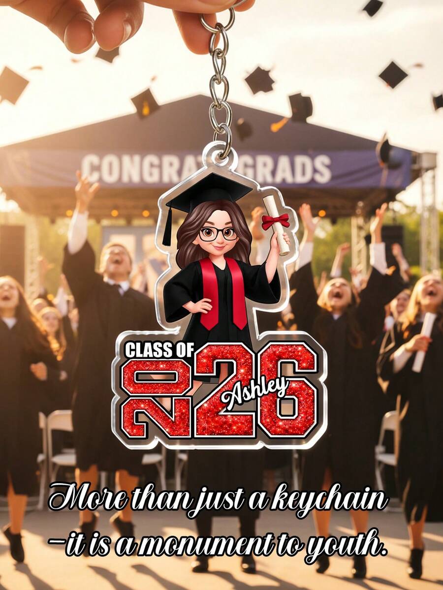 Llavero personalizado de graduación con retrato, nombre, diseño de número de clase 2026 con brillo, personalizable con nombre y personaje de dibujos animados 2D, adecuado para colgar en bolsas, decoración de llaves de coche, recuerdos de fiesta de graduación, regalo de graduación para amigos, hija, hijo - Multicolor 2 - Ver 1