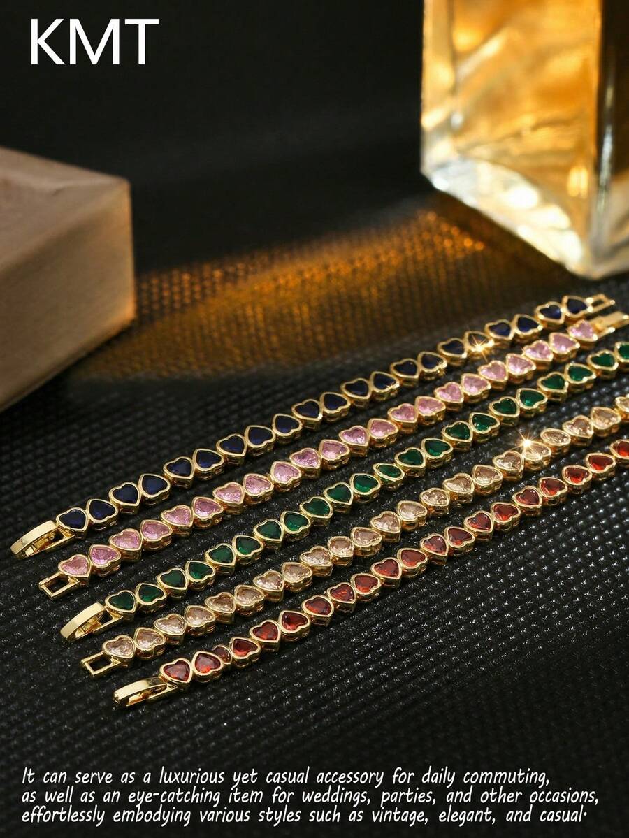 KMT 1 chiếc vòng tay tennis nữ cao cấp hình trái tim khảm đá Zirconia bằng đồng, siêu sáng bóng, kèm hộp quà. - Kiểu dáng hình trái tim không đều - Xem 1