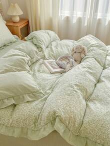 3pcs 100% Polyester 2026 New Romantic Floral Ruffled Duvet Cover Set, Includes 2 Ruffled Pillowcases + 1 Ruffled Duvet Cover (No Bed Sheet),Mint Green - Multicolor - View 2