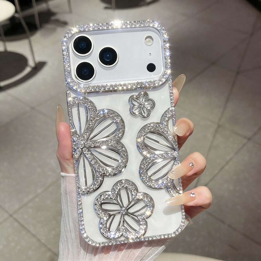 TPU极简花卉元素时尚电镀复古水钻3D立体花朵手机壳，兼容 14、14 Pro、14 Plus、14 Pro Max、15、15 Pro、15 Pro Max、16、16 Pro、16 Plus、16 Pro Max、17、17 Pro、17 Air、17 Pro Max，春季礼物，生日周年纪念派对佳品 - 銀色 - 查看 1