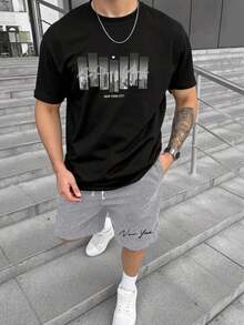 NEOREFINED Men's Casual City Print T-Shirt And Shorts Set, Summer - 黑色 - 查看 1
