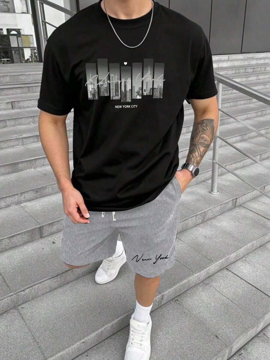 NEOREFINED Men's Casual City Print T-Shirt And Shorts Set, Summer - 黑色 - 查看 1