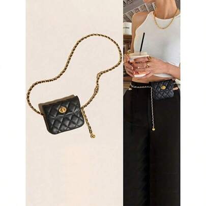 Leather Chain Belt Bag For Women Black Crossbody Waist Purse Fanny Pack Fashion Evening Clutch Mini Handbag Detachable