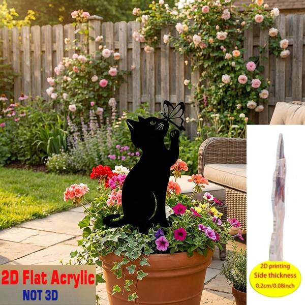 Cọc trang trí sân vườn hình mèo bằng acrylic đen in 2D, chất liệu acrylic, dùng để trang trí sân vườn, kèm theo phụ kiện cắm đất chắc chắn, phù hợp cho nhiều dịp lễ và khu vườn hiện đại, món quà tuyệt vời cho người yêu mèo.