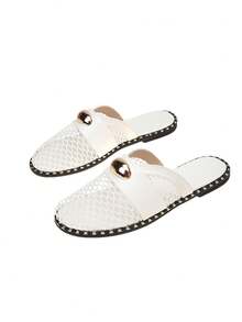 Breathable Mesh Hollow Strap Flat Slide Sandals For Teens, Spring/Summer, Black/White/Brown - White - View 2
