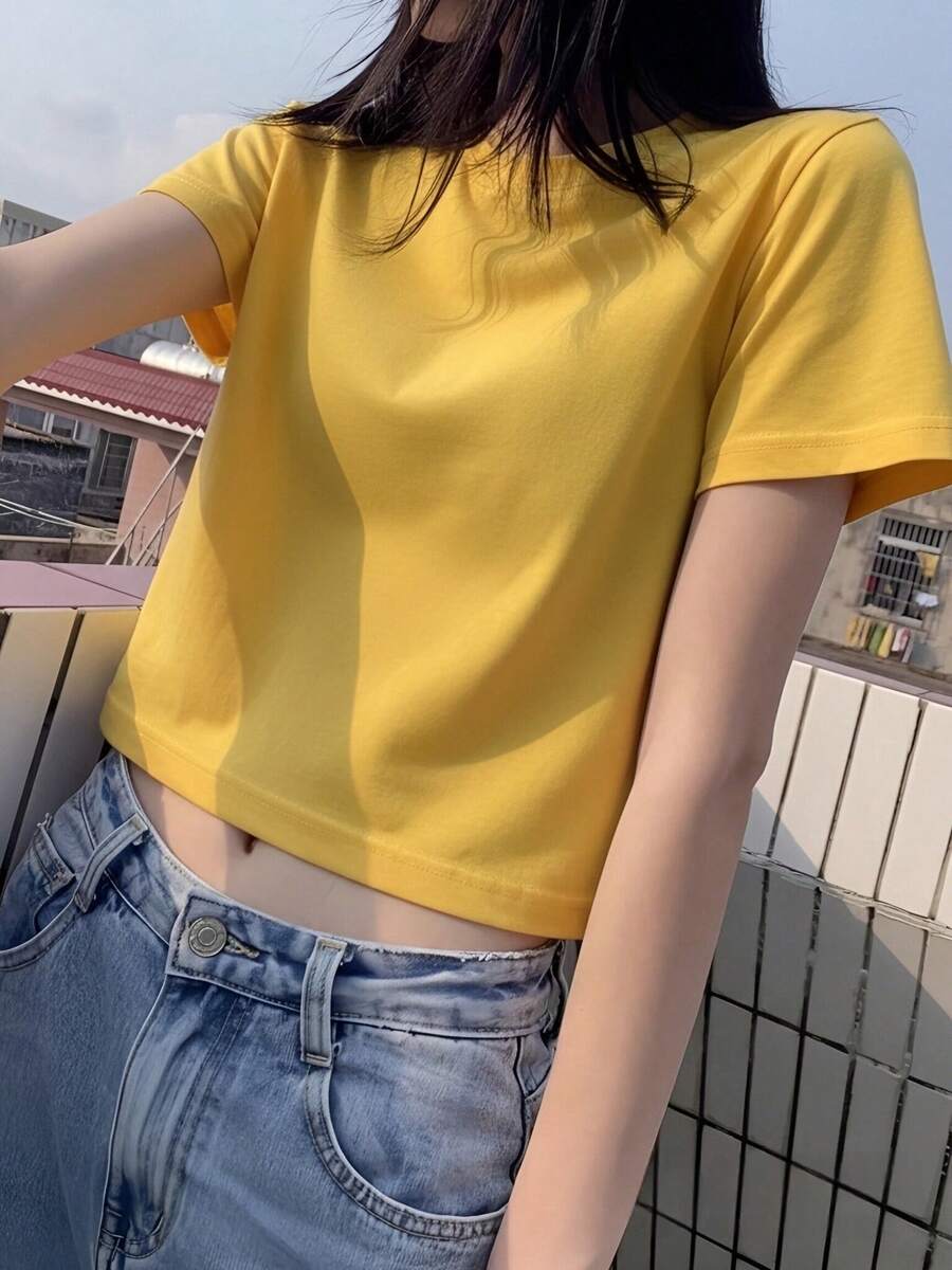 Short Sleeve T-Shirt, Solid Color, New Summer Style, Slim Fit, Versatile Round Neck Top Casual - Yellow - View 1