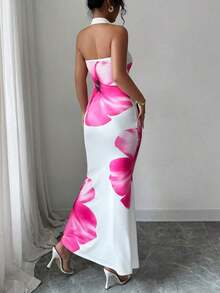Vestido midi estampado de verano 2025 para mujer, con cuello halter y cintura ajustada. - Blanco - Ver 2