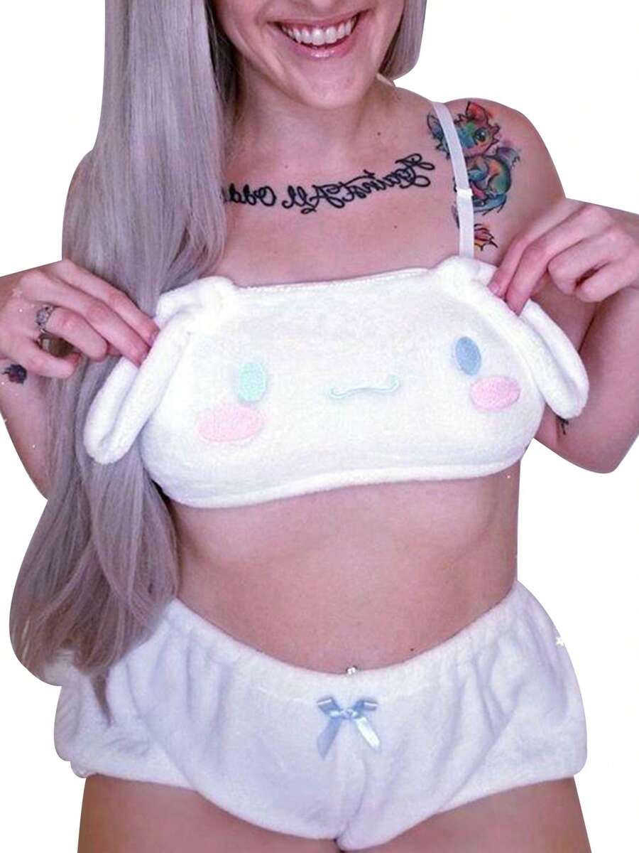2 Pcs Women Kawaii Pajamas, Adults Cute Spaghetti Strap Dog/Bunny Crop Top + Shorts - Blanco - Ver 1