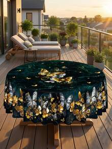1 buc. față de masă verde cu imprimeu floral și fluturi auriu și argintiu, pentru masă de dining dreptunghiulară/rotundă, fundal verde închis și negru, stil vintage de lux, impermeabilă, rezistentă la ulei și pete, lavabilă, pentru living, măsuță de cafea, terasă, nuntă, petrecere, decor de acasă - Multicolor - Vizualizare 6