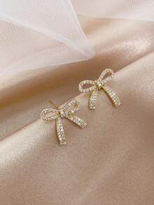 1 Pair New Elegant Fashion Bowknot Earrings, Simple Versatile Sparkling Rhinestone Earrings - Gold - View 2