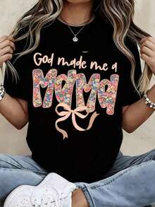 God Made Me A Mama Floral Print Bow T Shirt Women Casual Short Sleeve Top Motherhood Gift For Mom Maternity Wear,100% Cotton Material,Machine Washable - màu đen - Xem 1
