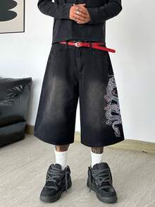 Hearty Haven 1件裝美式街頭風刺繡舒適寬鬆牛仔短褲 中長款休閒寬腿褲 男款，街頭穿搭學院風 - 不含腰帶與配件 - 黑色 - 查看 8