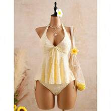 Joyful Toy 1212  Women's Relaxed Vacation Polka Dot Textured Fabric Camisole Yellow Bikini Tankini Elegant Dress Women Beach Outfit Women's Beach Bikinis Summer 2026 Women's Summer Vacation, Graduation Season, Wedding Season, Back-To-School Season, Easter Season Party & Lunch Cute Casual Summer Camisole - Sweet, Romantic, Countryside Style Knit Texture, Ruffle Detail, Elastic Waist, Relaxed Hemline, High Low Design, Yellow Spaghetti Strap Tankini New Year's Wear Party A Numbered Women's Off-The-Neck And Backless Casual Vacation Topboho Easter Beach Outfits Hawaii Music Festival Tropical Vacation Yellow Bathing Suit Set Vintage Swimsuit Lemon Bathing Suit Lace Swimsuit Seashell Bathing Suit - 黃色 - 查看 3