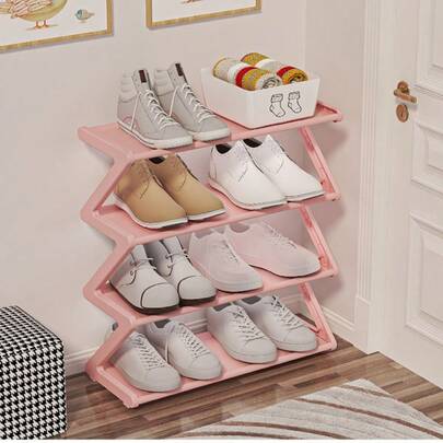 1 pieza Estantería para zapatos en forma de Z de 4 niveles, estantería de almacenamiento independiente de plástico, estantería de almacenamiento de gran capacidad multifuncional, fácil montaje sin herramientas, apilable, esencial para el hogar y la residencia, ahorro de espacio, almacenamiento doméstico para zapatos, botas, artículos varios, adecuado para el pasillo, el armario, la sala de estar, el dormitorio