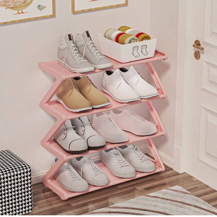 1pc 4-Tier Z-Shaped Plastic Shoe Rack, Freestanding Large Capacity Multi-Functional Storage Organizer, Tool-Free Easy Assembly, Stackable & Space Saving. Holds Shoes, Boots, Sundries; Perfect For Hallway, Wardrobe, Living Room, Bedroom & Dorm