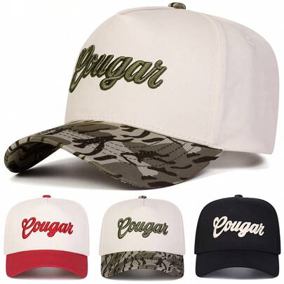 1顶男士COUGAR卡车司机帽，个性化字母刺绣棒球帽，街头时尚五片帽，户外防晒休闲帽，适合春季、秋季、旅行、海滩等场合。
