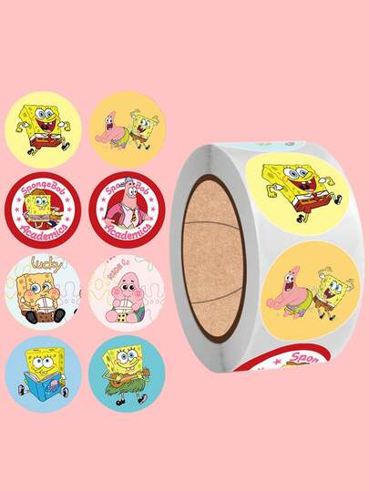 SpongeBob SquarePants 500Pcs Themed Stickers, 500 Sheets/Roll Cartoon Dog Decoration Stickers, Multiple Pattern Styles To Choose From, Suitable For Decorating Various Small Gifts, Mobile Phones, And Suitcases During Roller Skating Rides