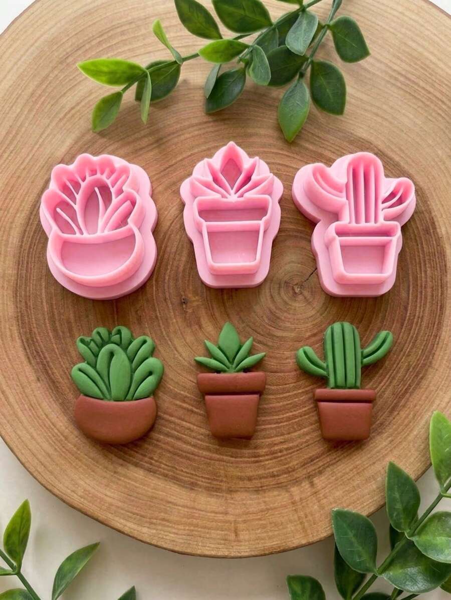 Cute Succulent & Cactus Clay Cutters Set, Plant Polymer Clay Molds, DIY Craft Tools For Nature Inspired Jewelry Making - Pink - View 1