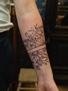 1pc Black Line Bouquet Arm Band Tattoo Sticker, Niche High-End Gentle Style Disposable Temporary Tattoo - Black - View 4