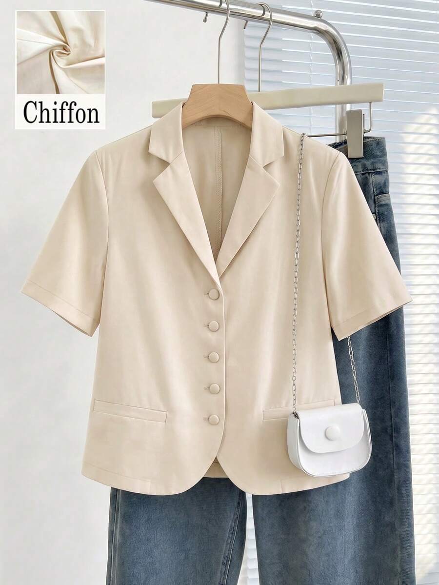 Women's Summer Office & Casual Chiffon Lightweight Single-Breasted Short Sleeve Blazer - Apricot - View 1