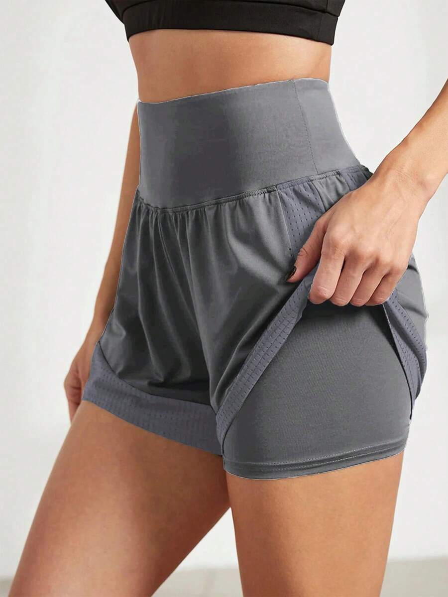 Pantalones cortos deportivos holgados para mujer, para correr, antiexposición, de secado rápido, para uso exterior, pantalones cortos de yoga de dos piezas falsos - Gris Oscuro - Ver 1