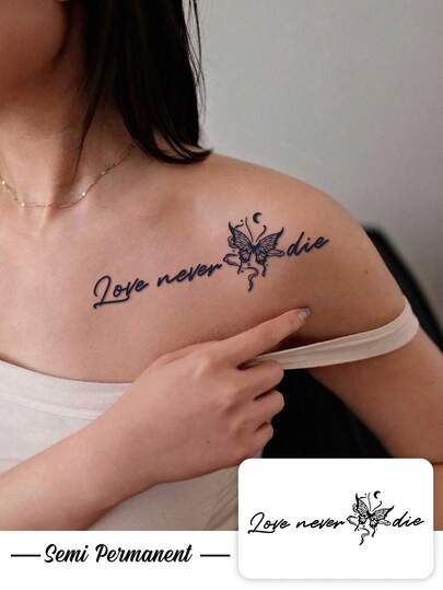 1 Herbal Tattoo Sticker, Vintage Star, Moon, Butterfly, 'Love Never Die' In English, Temporary Tattoo Sticker, Washable, PVC, Disposable, Waterproof And Sweatproof For Arms, Waist, Abdomen, Back, Legs, Non-Reflective, Realistic Tattoo, Suitable For People, For Daily Use, Lasts 7-14 Days