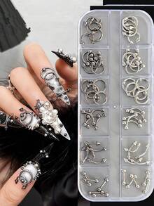 120 Peças Decorações de Arte de Unhas Acrílicas, Estrela Prateada, Planeta, Cruz, Maçaneta Punk, Algema, Peças Mecânicas, Acessórios de Arte de Unhas de Liga - Prata - Visão 1
