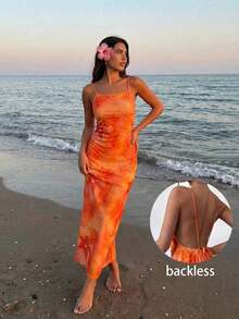 Vestido largo de verano satén de lunares con tirantes y espalda descubierta para mujer - Multicolor 5 - Ver 6