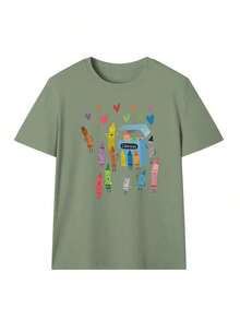 Women's Short-Sleeved, Round-Neck T-Shirt With Crayon Print, Casual Everyday Wear In White - Breathable High Quality - 深綠色 - 查看 3
