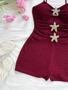Mono de mujer con decoración de estrella de mar hueca, adecuado para fiesta y uso en casa - Burdeos - Ver 7