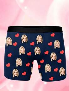 1 pieza Calzoncillos tipo bóxer personalizados para hombre con estampado de foto, patrón de corazón rojo, elásticos, transpirables, divertidos y creativos, con caja de regalo - Multicolor - Ver 3