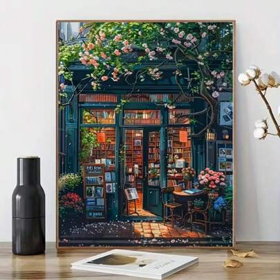 11.81x15.75 Inch 5D Full Drill Diamond Painting Kit, Charming Bookstore Landscape Theme Canvas, DIY Mosaic Wall Art For Home Decor, Suitable For Beginners, Includes Tools
